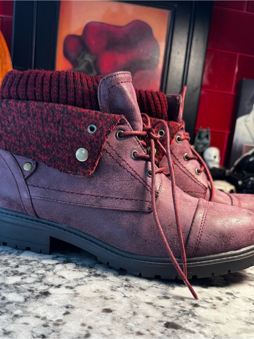 Rouge Helium Trevor Fold-Over Lace-Up Ankle Boots in Burgundy
